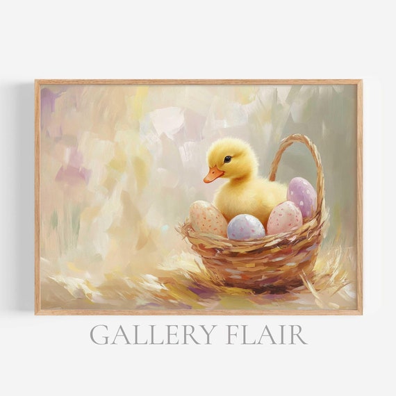 Farmhouse Easter Wall Art Duckling Easter Basket Delight Vintage Spring Print Decor Rustic Easter Art