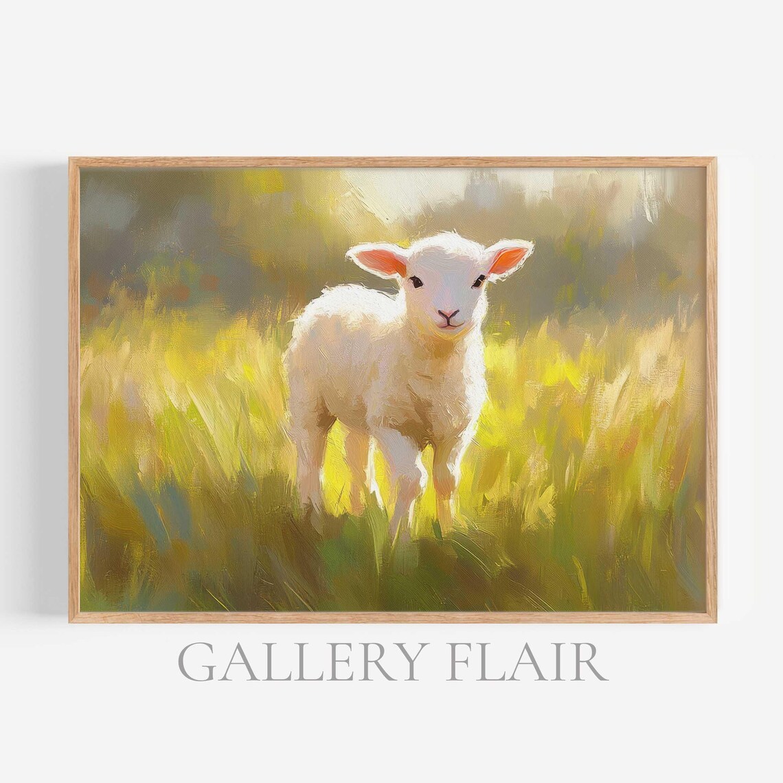 White Lamb Sunlit Green Meadow Spring Oil Painting Animal Poster