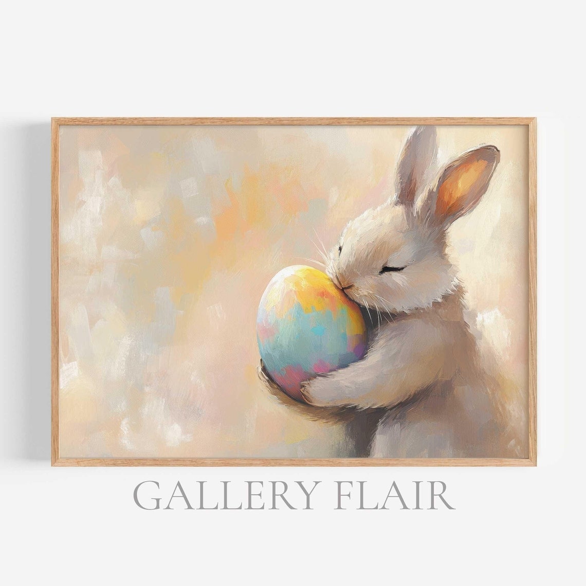 White Bunny Hugging Colorful Painted Easter Egg Spring Poster