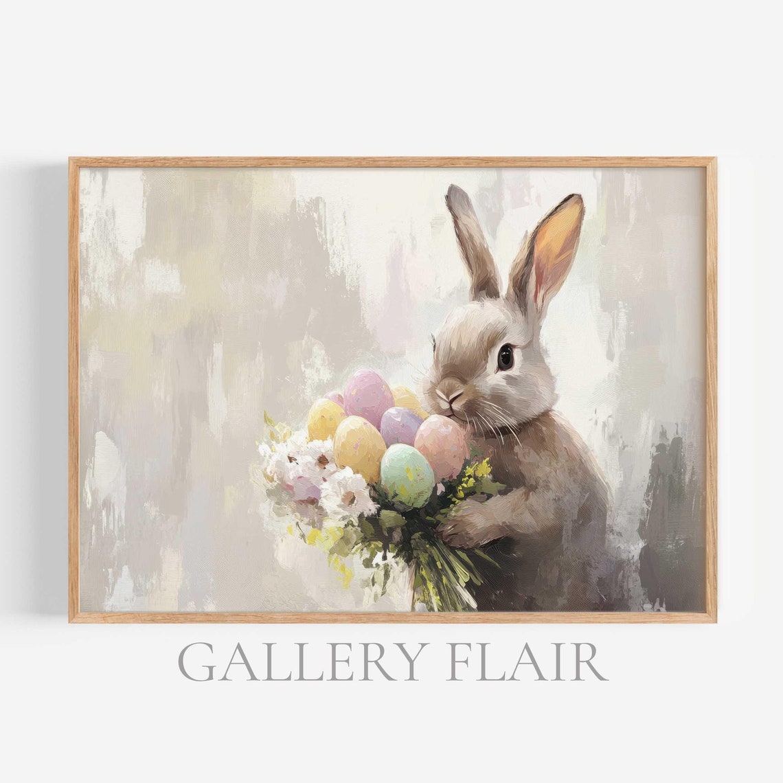 Bunny Holding Pastel Easter Eggs Bouquet Spring Painting Wall Art