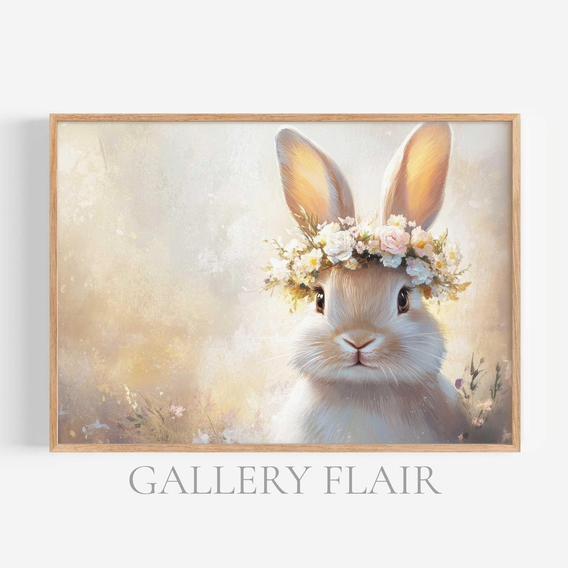 White Bunny Portrait With Flower Crown Pastel Spring Easter Art Poster