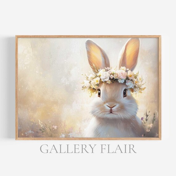 White Bunny Portrait With Flower Crown Pastel Spring Easter Art Poster