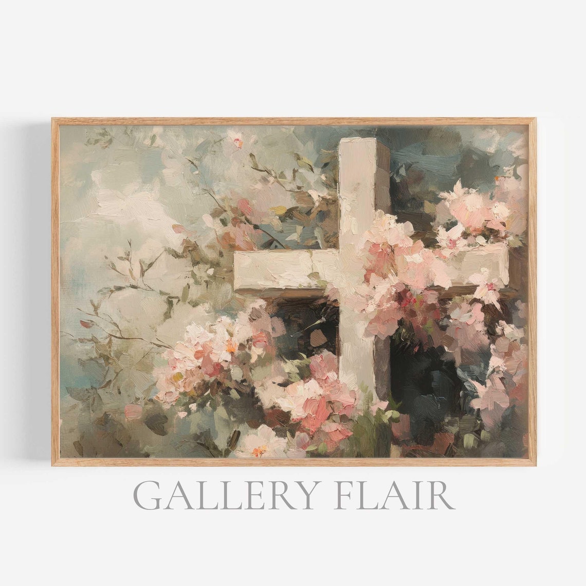 Wooden Cross Amid Blooming Pink Spring Flowers Religious Poster