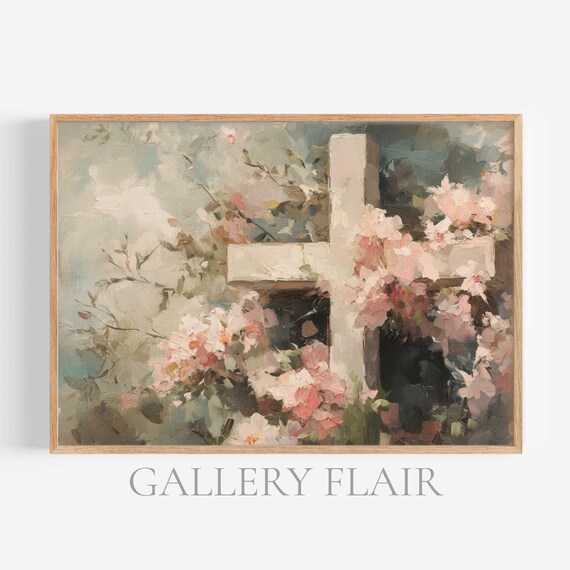 Wooden Cross Amid Blooming Pink Spring Flowers Religious Poster