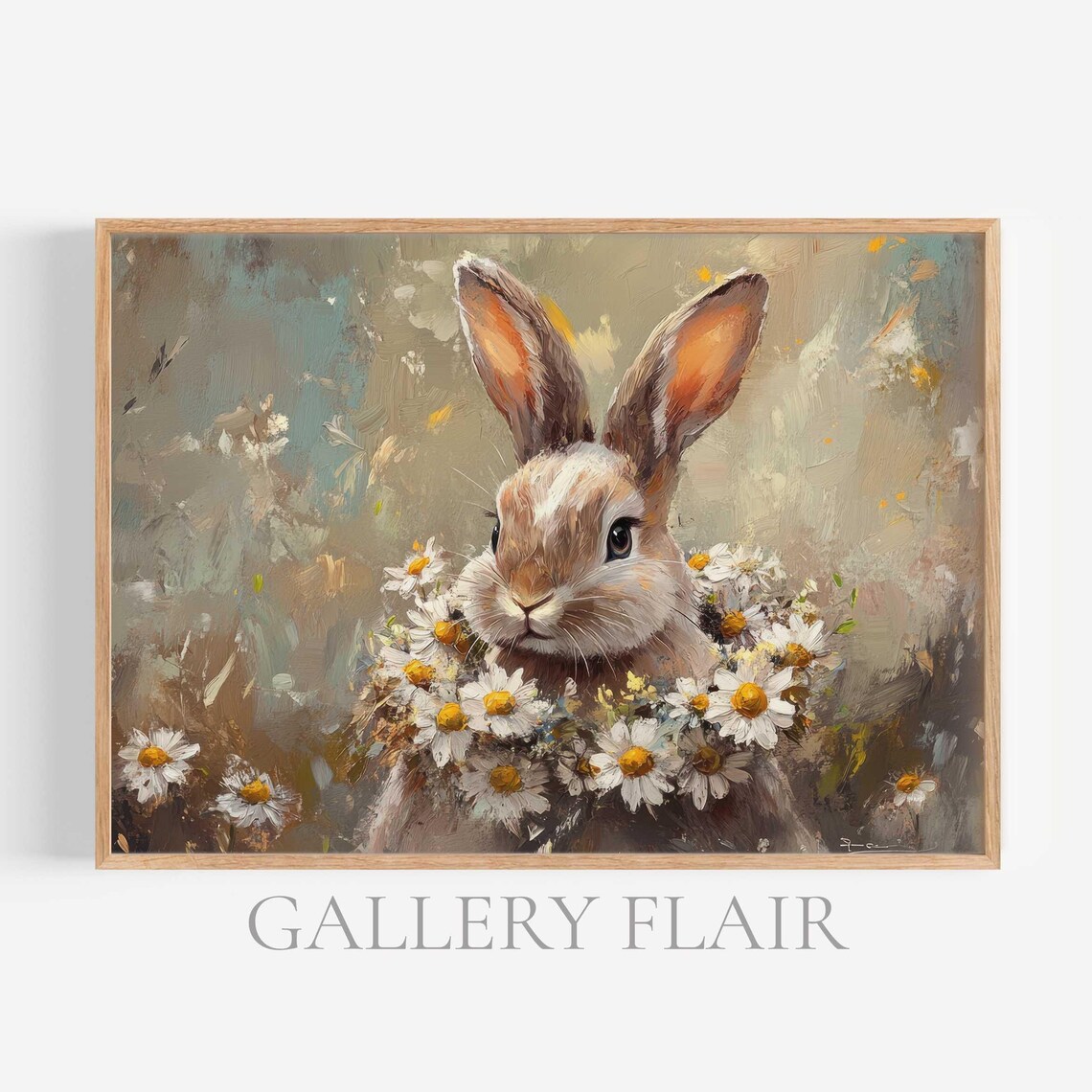 Bunny Wearing Daisy Flower Wreath White Blossom Spring Portrait Art Poster