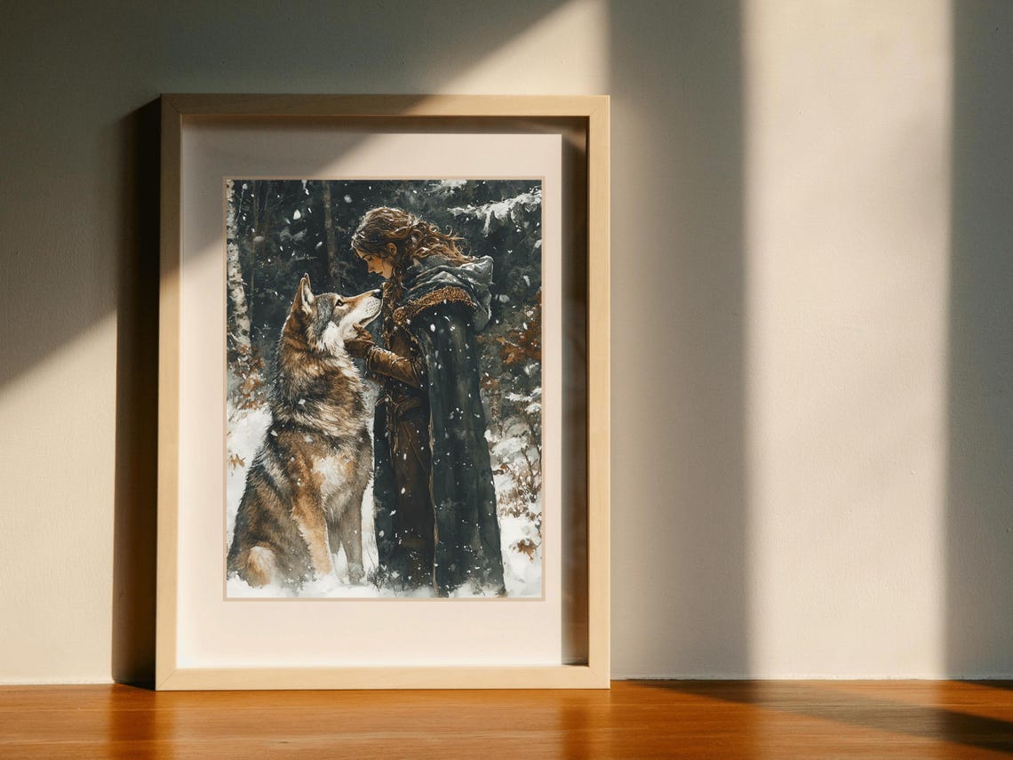 Lady Warrior And Wolf In Snowy Forest Dark Fantasy Watercolor Wall Art - Image 3
