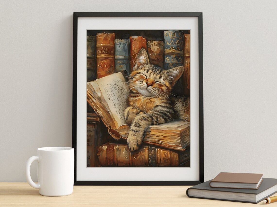 Sleepy Tabby Cat Napping On Books Library Watercolor Animal Painting Poster - Image 2