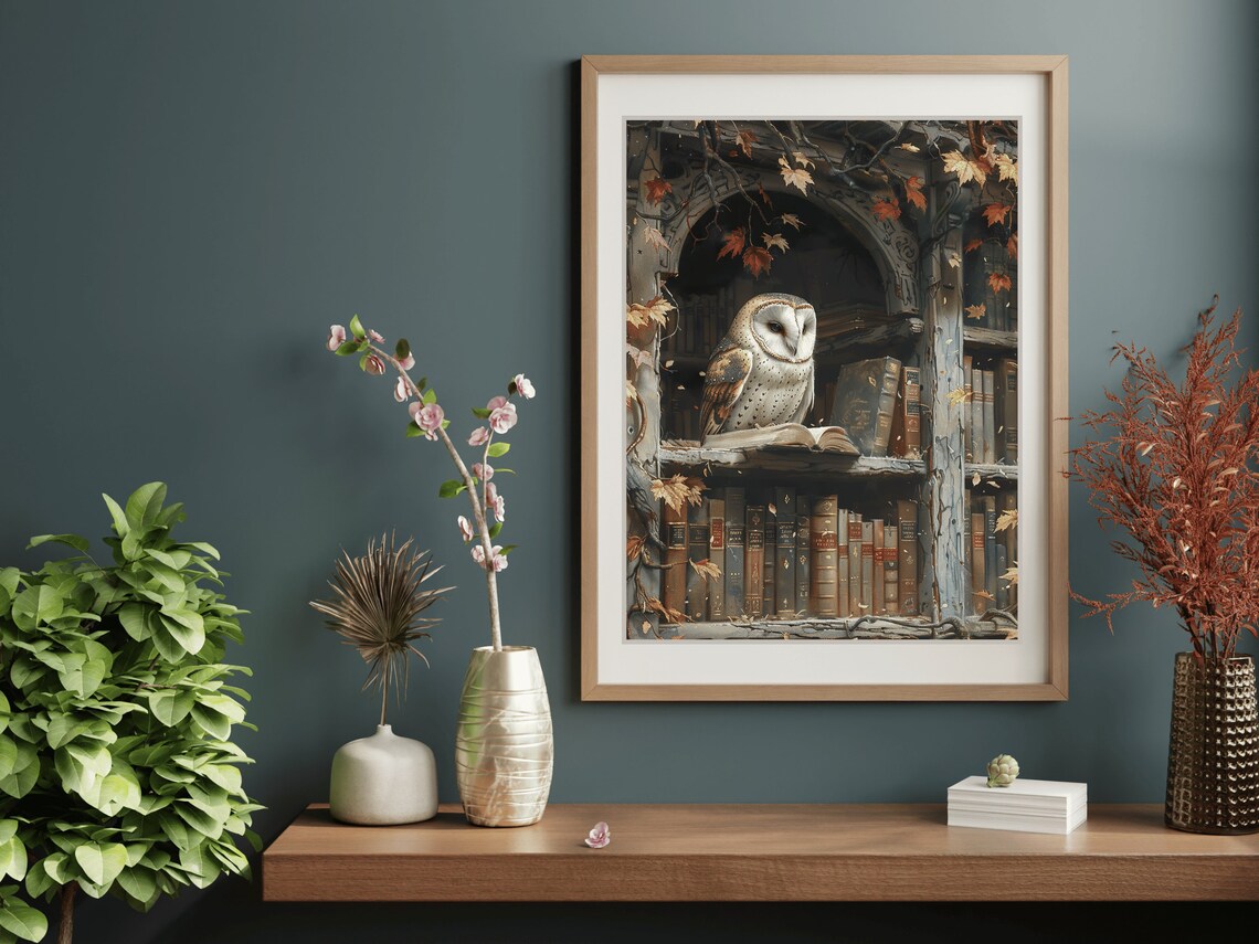 Barn Owl Bookshelf Autumn Leaves Vintage Library Bird Painting Poster - Image 4