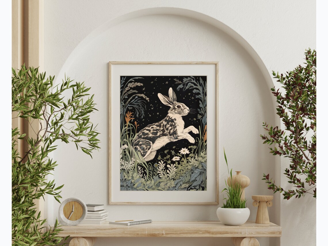 Leaping Hare Dark Forest Night Wildflowers Mystical Animal Painting Poster - Image 5