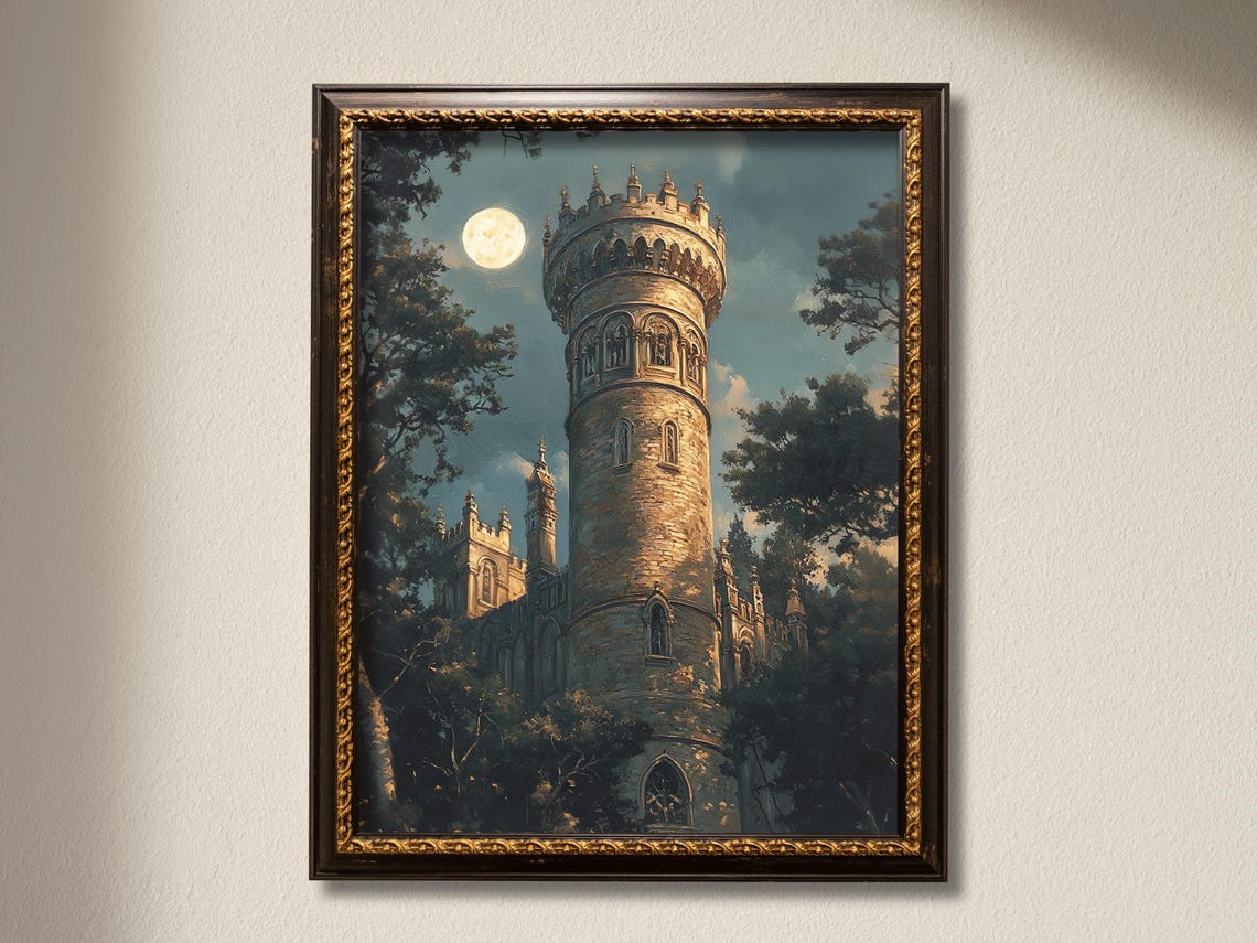 Moonlit Castle Tower Rising Above Dark Forest Trees Fantasy Poster - Image 3