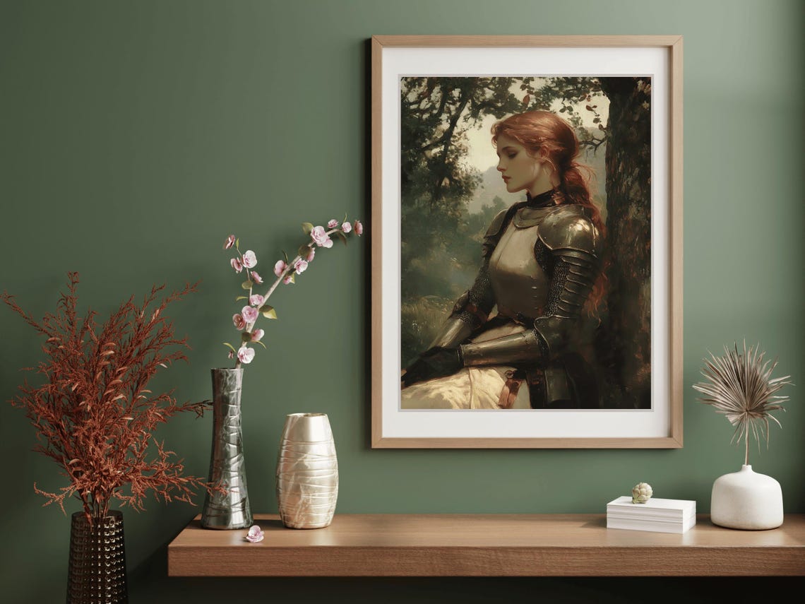 Armored Lady Knight Resting Against Ancient Tree In Forest Wall Art - Image 4