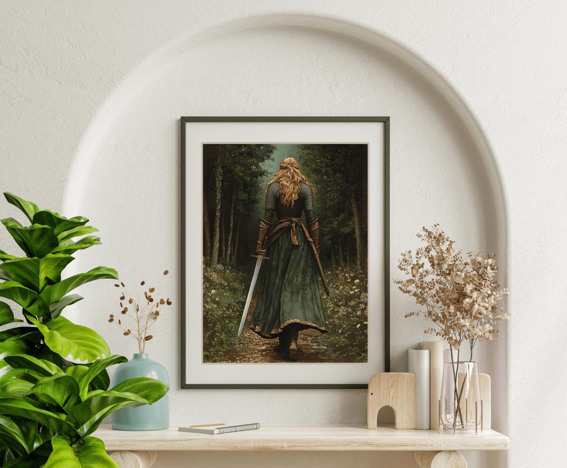Lady Knight With Sword Walking Down A Woodland Path At Dusk Poster - Image 2
