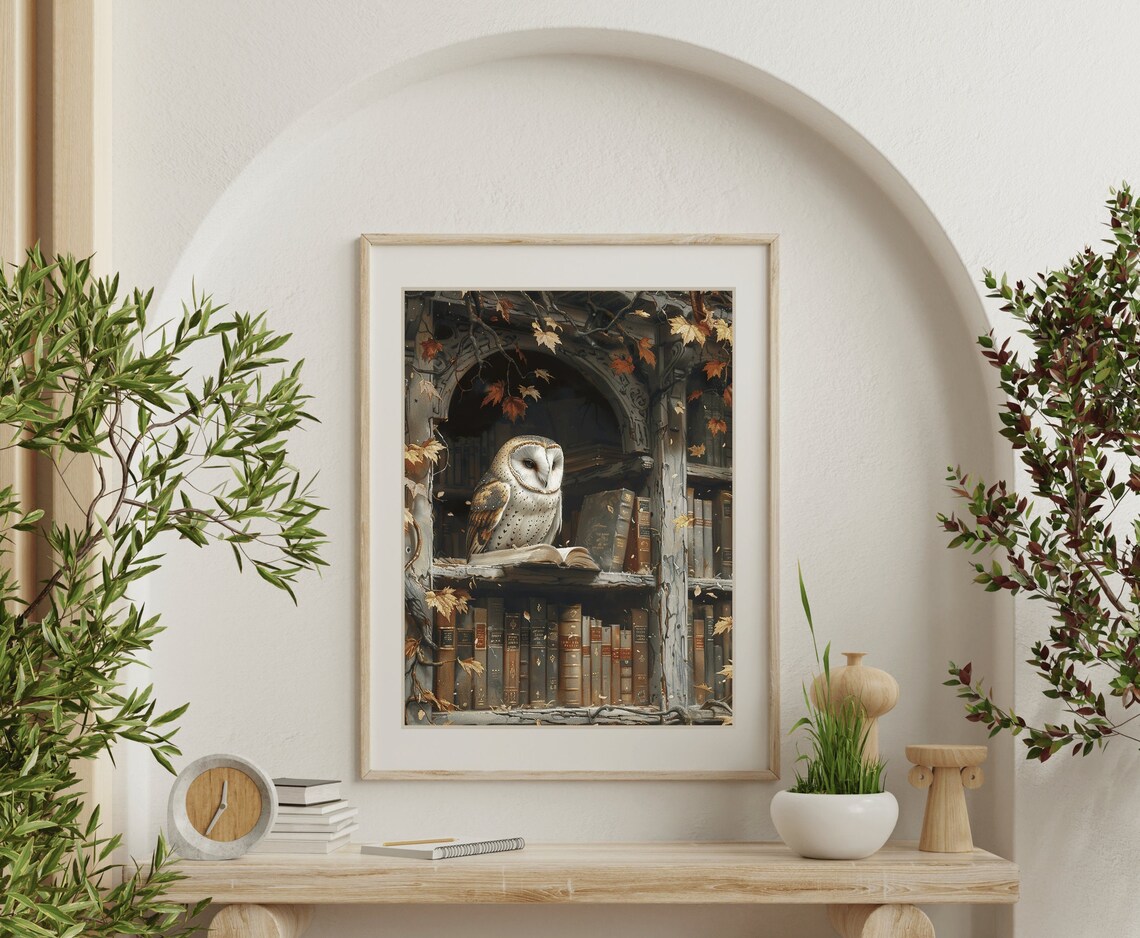 Barn Owl Bookshelf Autumn Leaves Vintage Library Bird Painting Poster - Image 5