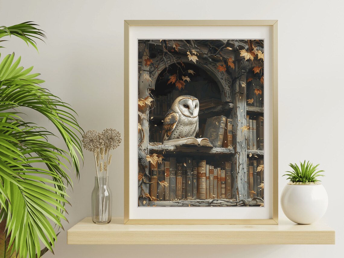 Barn Owl Bookshelf Autumn Leaves Vintage Library Bird Painting Poster - Image 2