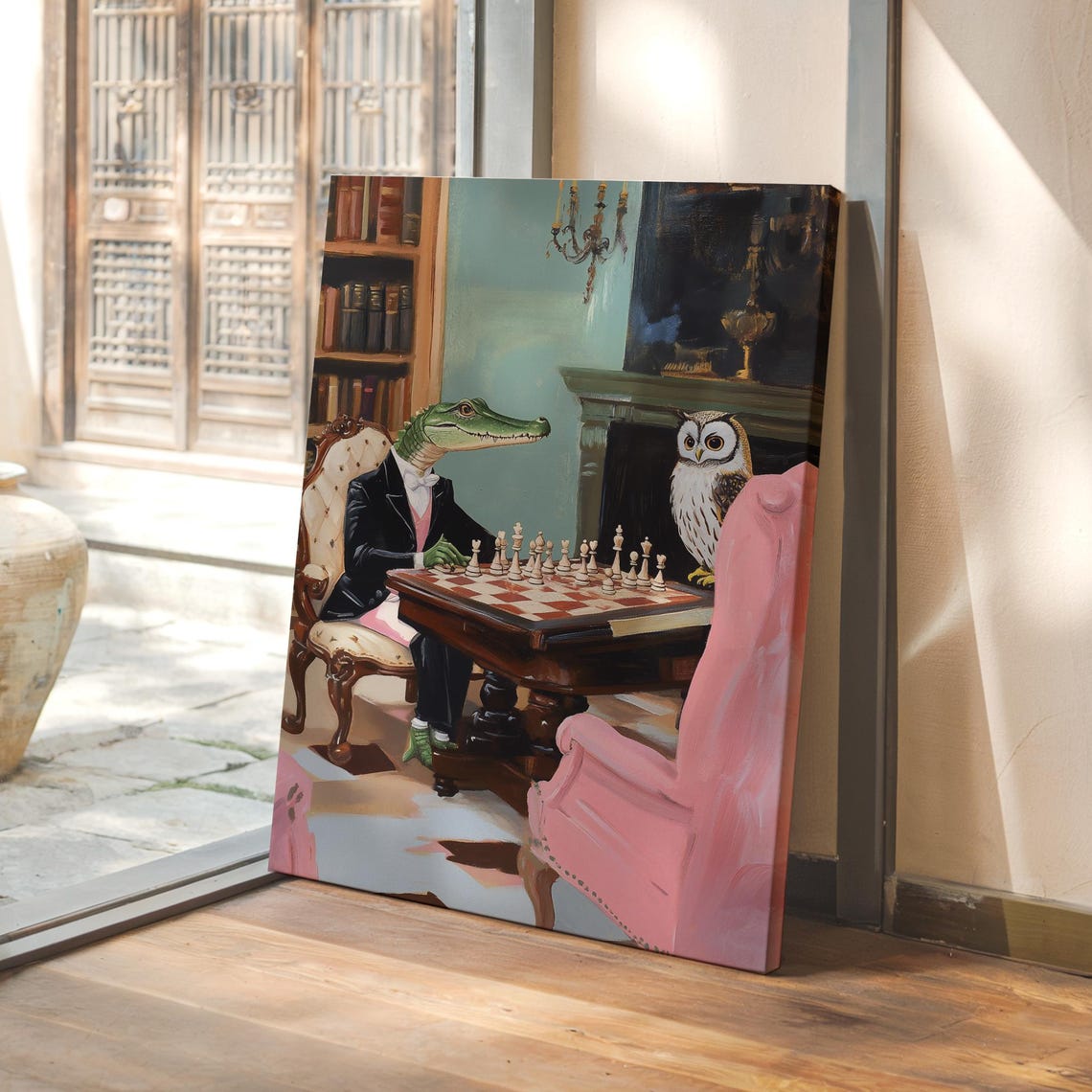 Dapper Crocodile in Tuxedo Playing a Chess Match with an Owl Poster