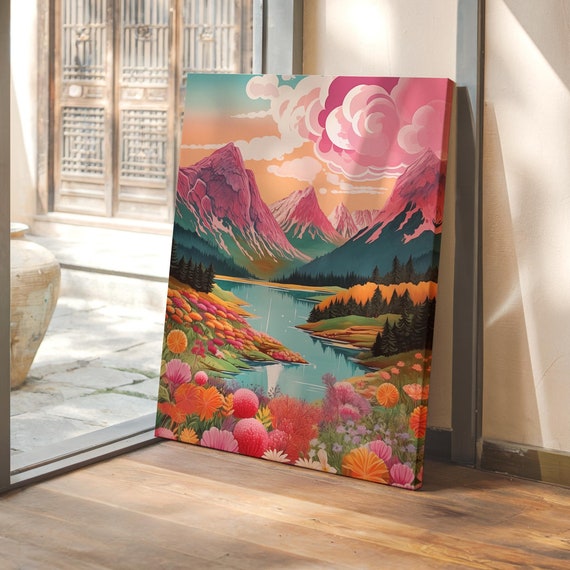 Vibrant Mountain Landscape Colorful Floral Lake Wall Art Maximalist Nature Print Sunset Scenery Bold Wall Decor