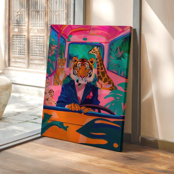 Dapper Tiger Driving a Car with Giraffe and Jungle Friends Poster