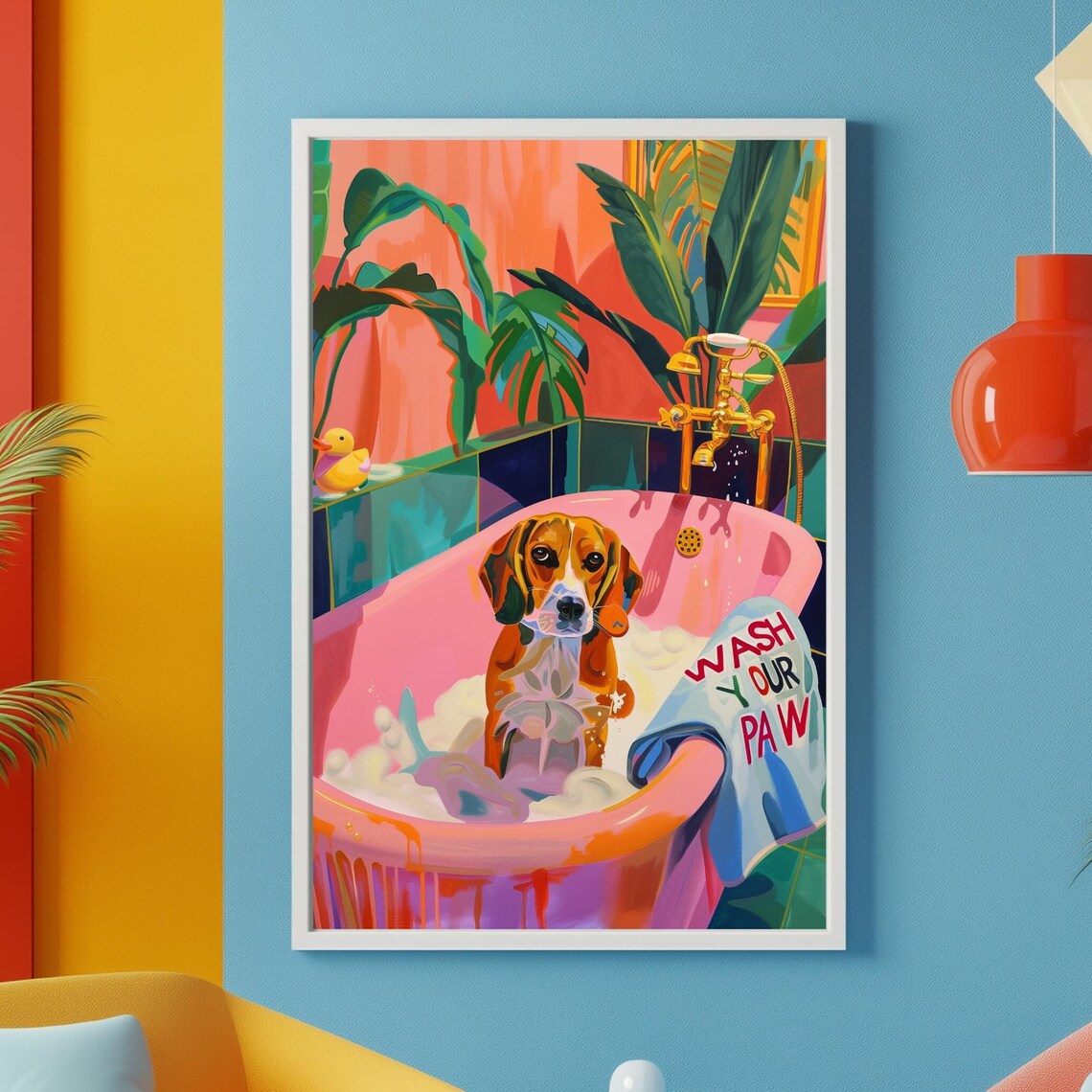Dog In Bath Bathroom Art Print, Maximalist Humor