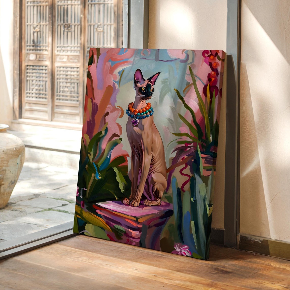 Sphynx Cat Wearing a Beaded Necklace Among Tropical Flowers Poster