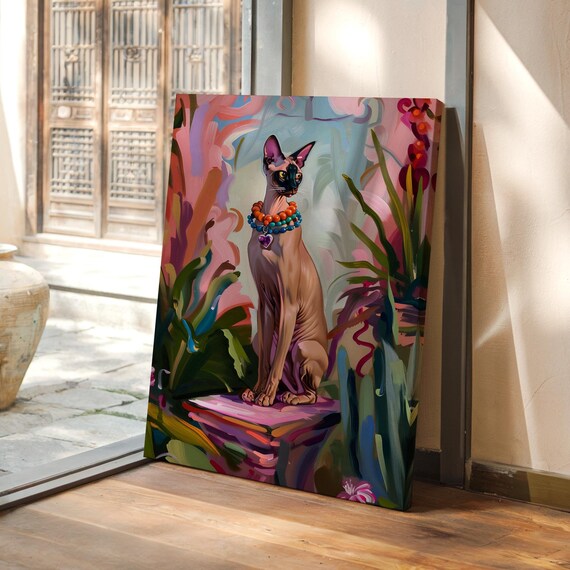 Sphynx Cat Wearing a Beaded Necklace Among Tropical Flowers Poster