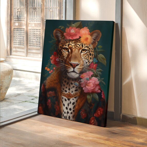 Elegant Leopard Portrait with Floral Crown and Velvet Collar Poster
