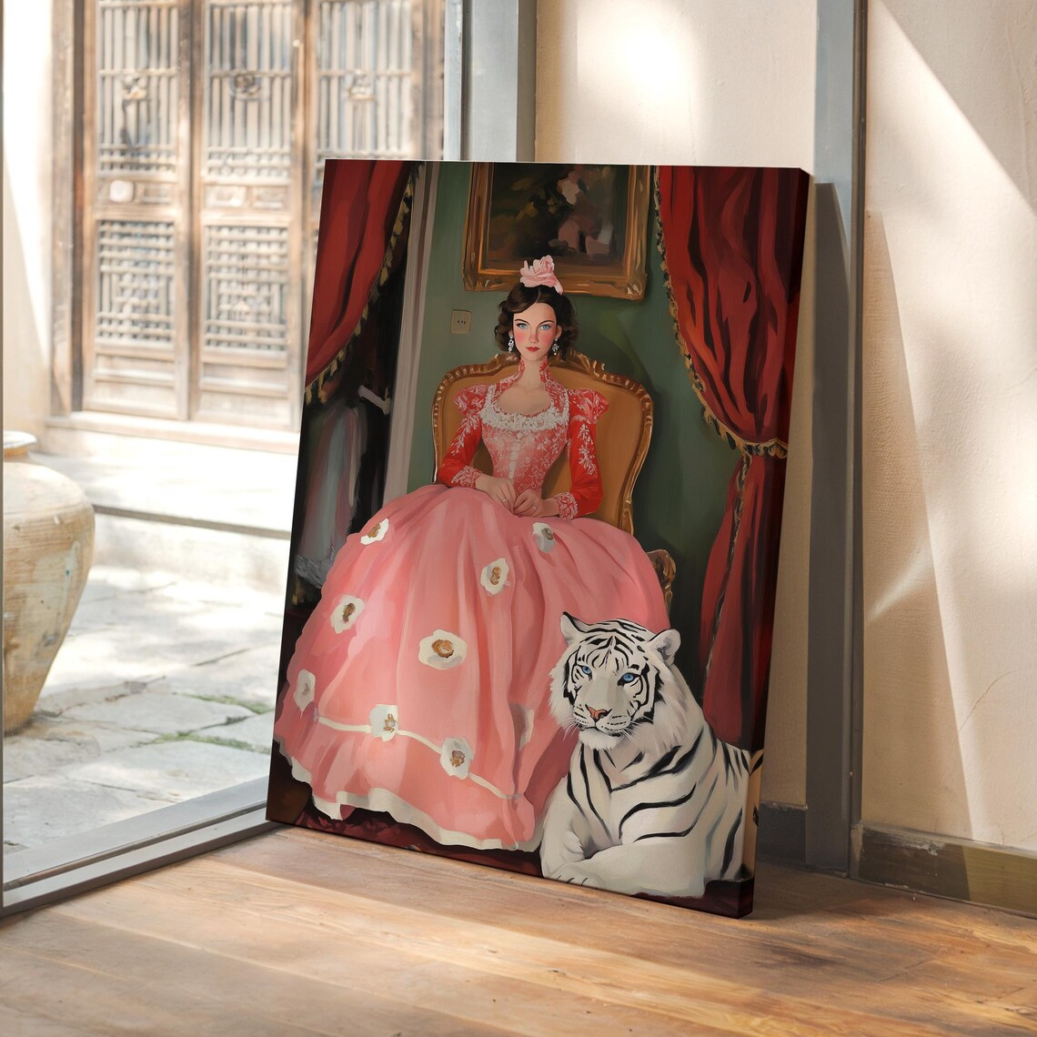 Victorian Lady in Pink Gown With a White Tiger Portrait Poster