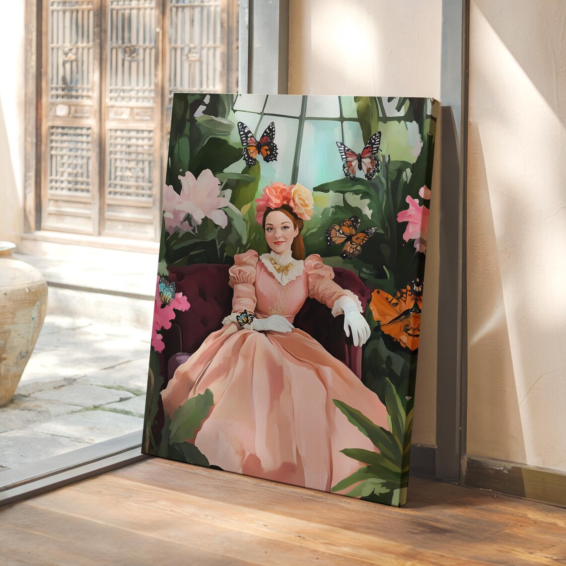 Victorian Lady With Butterflies in a Floral Greenhouse Poster