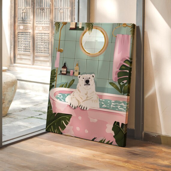 Polar Bear Soaking in a Pink Clawfoot Bathtub Poster for Bathroom