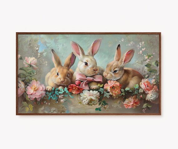 Three Spring Bunnies with Pink Bow Cute Easter Painting Poster