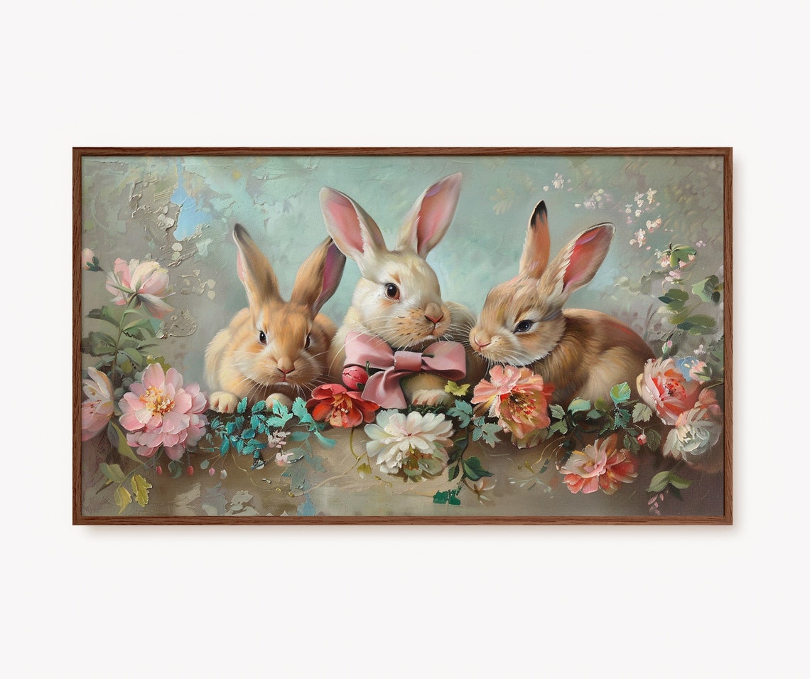 Three Spring Bunnies with Pink Bow Cute Easter Painting Poster