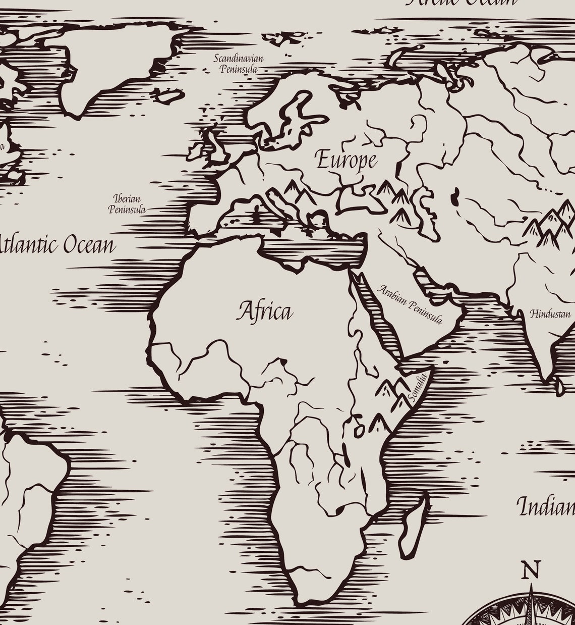 Vintage Engraved World Map Sketch with Compass Rose Art Poster - Image 3