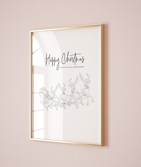 Happy Christmas Santa Sleigh Reindeer Sketch Holiday Art Poster