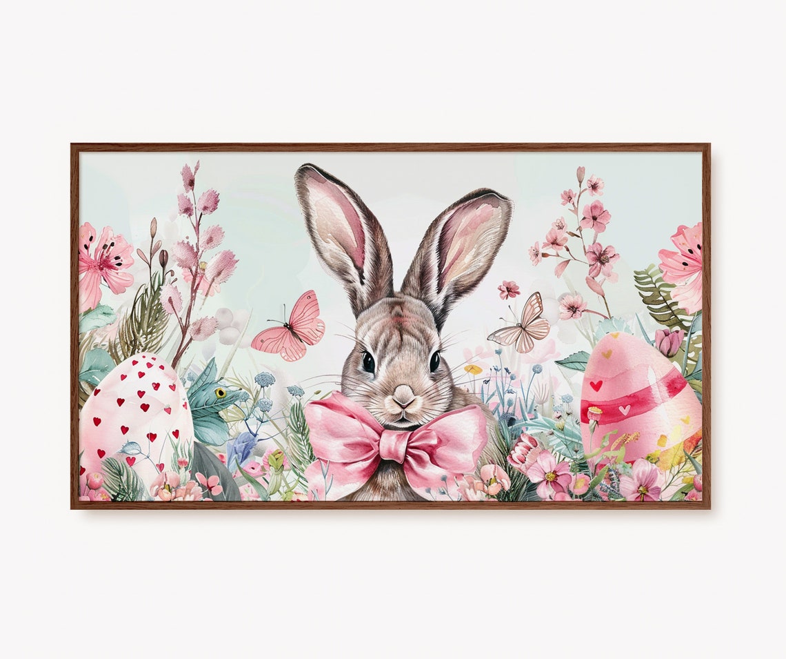 Colorful Easter Bunny Pink Bow Eggs and Butterflies Decor Poster