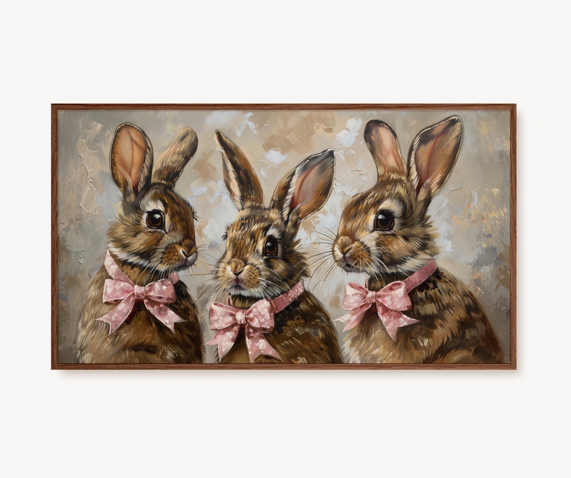 Three Bunny Rabbits with Pink Bows Vintage Easter Art Poster
