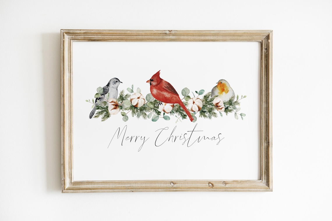 Cardinal Bird Christmas Garland Watercolor Merry Christmas Art Decor Poster