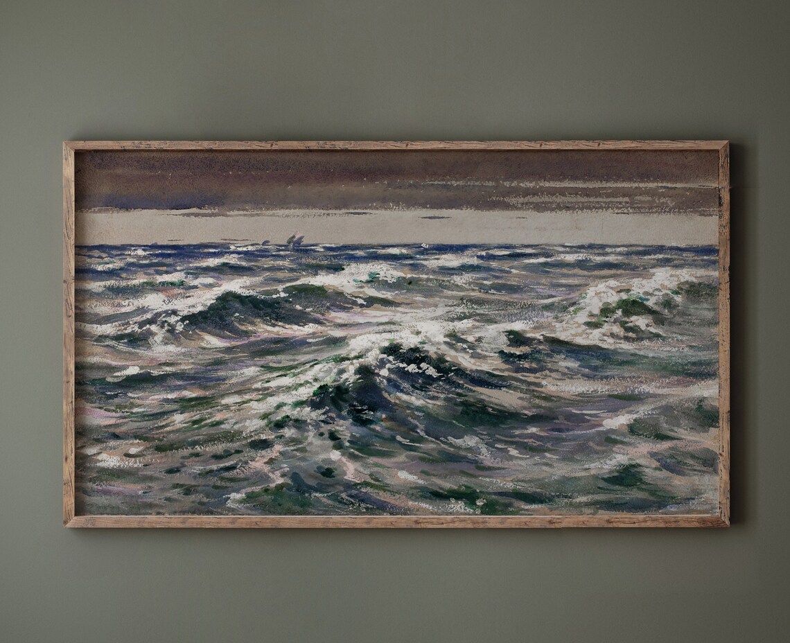 Moody Dark Blue Ocean Waves Vintage Seascape Painting Wall Art - Image 2