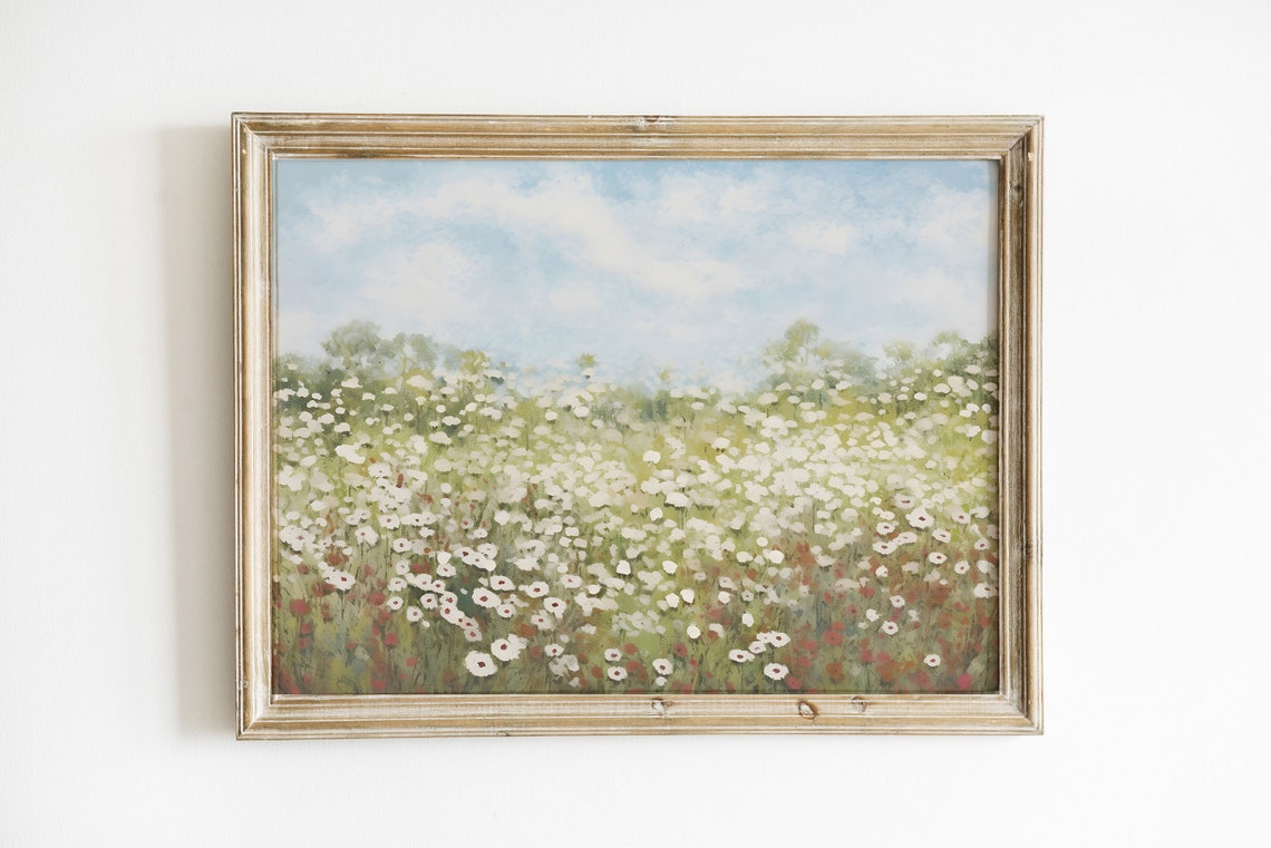 Wildflowers Print Wildflower Field Landscape Vintage Oil Painting White Flowers Art Print Country Wall Art Countryside