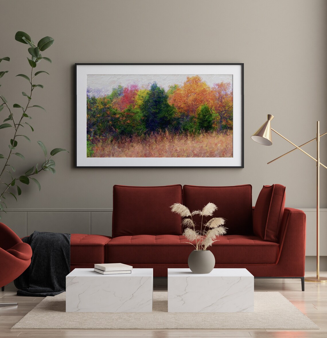 Autumn Trees Golden Meadow Textured Fall Oil Painting Art Poster - Image 2