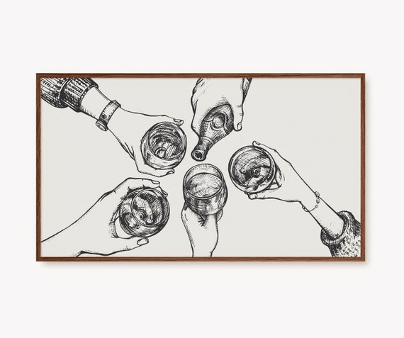 Retro Cheers Sketch, Home Bar Wine Glasses Art Print