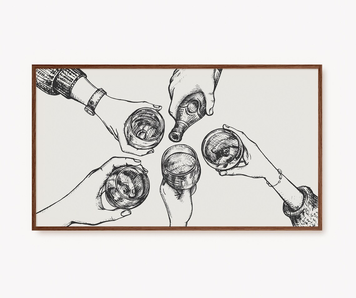 Retro Cheers Sketch, Home Bar Wine Glasses Art Print