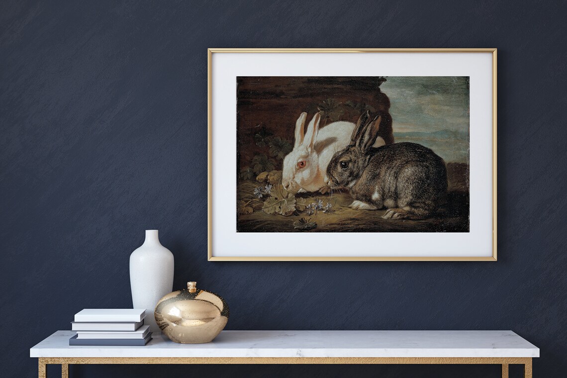 Two Rabbits Vintage Dark Oil Painting Animal Nursery Art Poster - Image 2