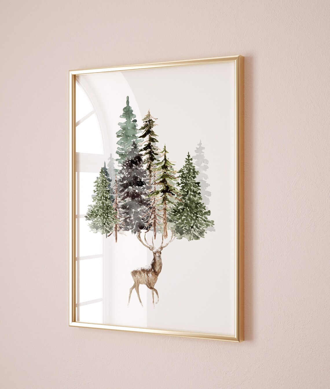 Winter Deer Pine Tree Antlers Watercolor Snowy Forest Art Print