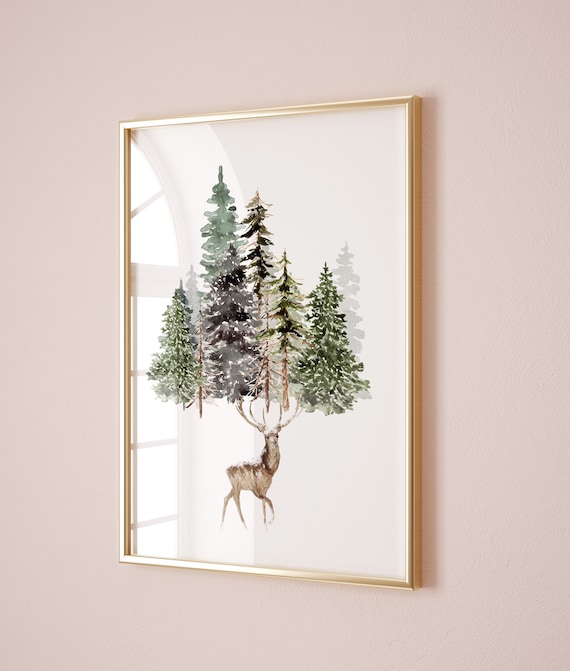 Winter Deer Pine Tree Antlers Watercolor Snowy Forest Art Print