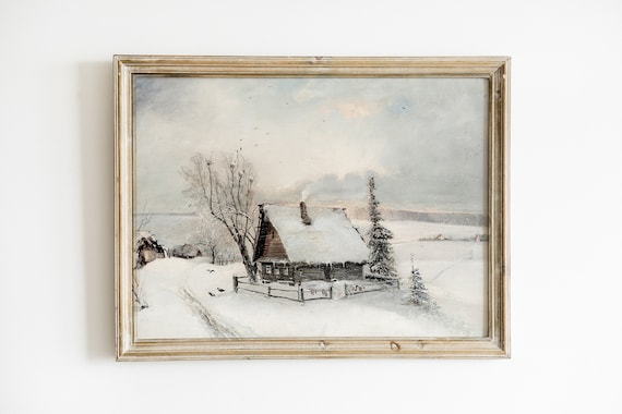 Snowy Winter Farmhouse Rustic Cottage Landscape Painting Print