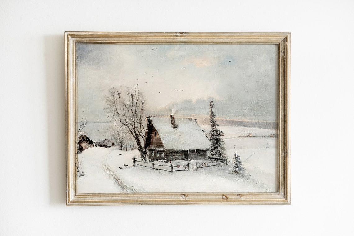 Snowy Winter Farmhouse Rustic Cottage Landscape Painting Print