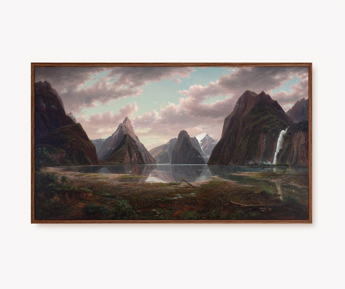 Majestic Fjord Waterfall Peaks Vintage Landscape Painting Poster