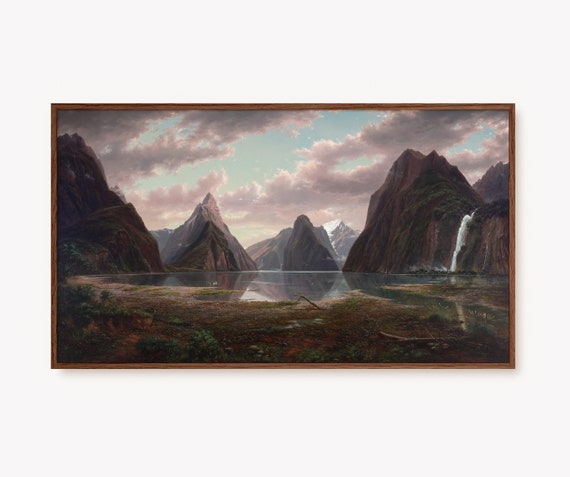 Frame Tv Art Vintage Landscape Painting Moody Mountain Lake Artwork Stunning Antique Tv Art File Instant