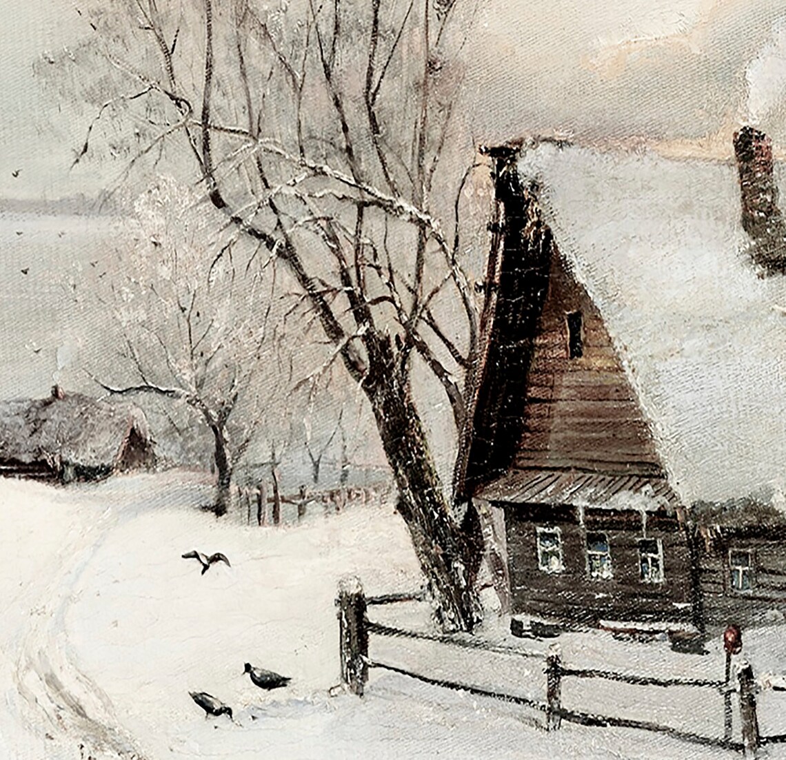 Snowy Winter Farmhouse Rustic Cottage Landscape Painting Print - Image 2