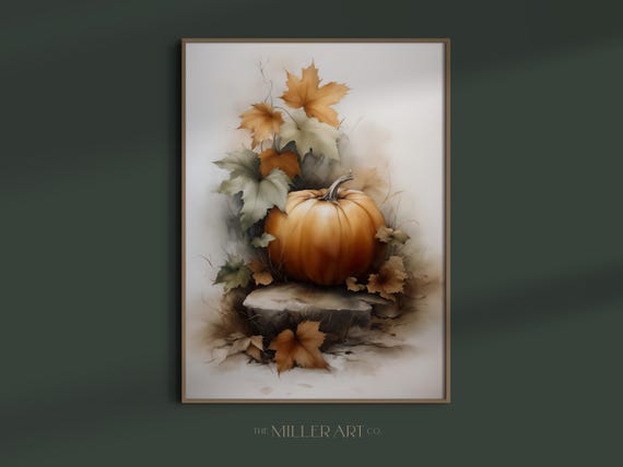Pumpkin Artwork Still Life Painting Fall Rustic Decor Thanksgiving Autumn 300 Dpi Print