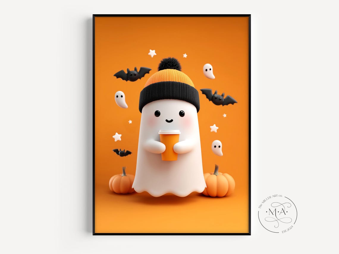 Art Kawaii Halloween Artwork Spooky Season Poster Pumpkins Coffee Bats Hats